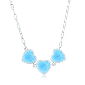 Sterling Silver, Triple Larimar Heart, Paperclip Necklace