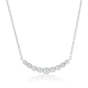 Sterling Silver, Graduating Square CZ Curved Bar Necklace