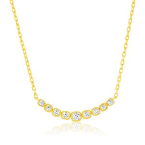 Sterling Silver, Graduating Square CZ Curved Bar Necklace - Gold Plated