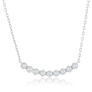 Sterling Silver, Hexagon CZ Curved Bar Necklace