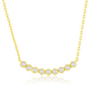 Sterling Silver, Hexagon CZ Curved Bar Necklace - Gold Plated