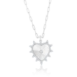Sterling Silver, D-C Heart CZ Border Paperclip Necklace