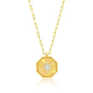 Sterling Silver, Center North Star CZ, Octagon Necklace - Gold Plated