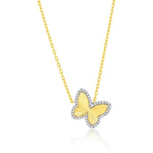 Sterling Silver, D-C Butterfly CZ Border Necklace - Gold Plated