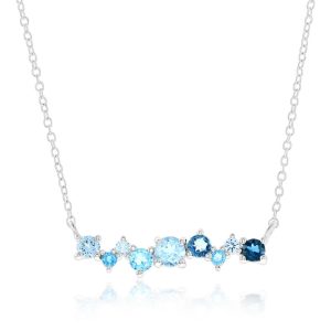 Sterling Silver, Multi-Round Gem Bar Necklace - Swiss, London & Blue Topaz