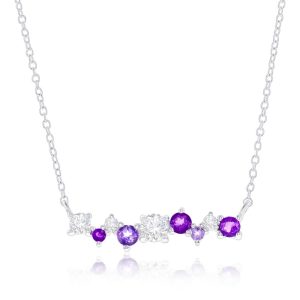 Sterling Silver, Multi-Round Gem Bar Necklace - Amethyst & White Topaz