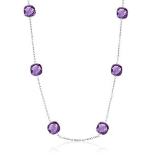 Sterling Silver, Square Bezel-Set, Amethyst Station Necklace - (28.65cttw)