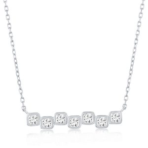 Sterling Silver, Square Bezel-Set CZ Bar Necklace