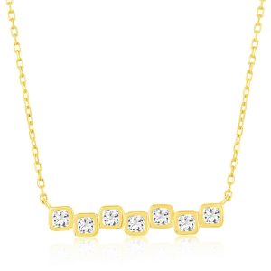 Sterling Silver, Square Bezel-Set CZ Bar Necklace - Gold Plated