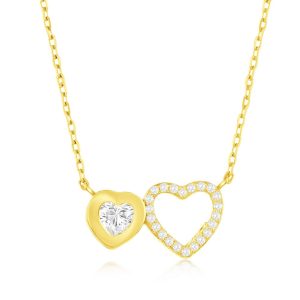 Sterling Silver, Double Heart CZ Necklace - Gold Plated