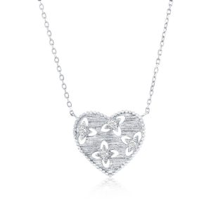 Sterling Silver, Lined Heart, Beaded Outline CZ Necklace