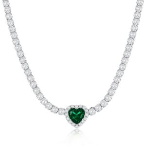 Sterling Silver, Heart CZ Tennis Necklace - Emerald