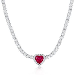 Sterling Silver, Heart CZ Tennis Necklace - Ruby