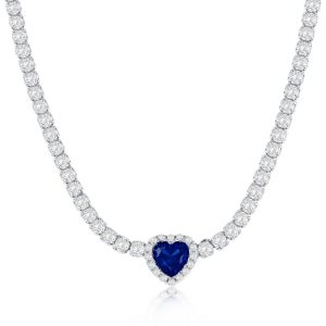 Sterling Silver, Heart CZ Tennis Necklace - Sapphire