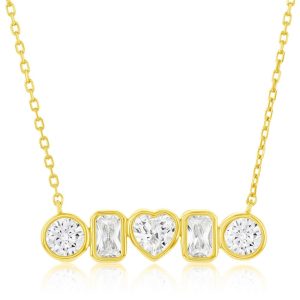 Sterling Silver, Multi-Shaped Bezel-Set CZ Bar Necklace - Gold Plated