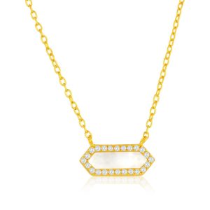 Sterling Silver, Hexagon MOP, CZ Border Necklace - Gold Plated