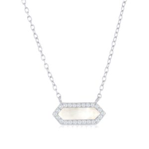 Sterling Silver, Hexagon MOP, CZ Border Necklace