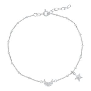 Sterling Silver Crescent Moon & Star Beaded Anklet