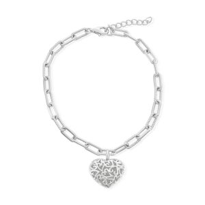 Sterling Silver, Rope & Polished Paperclip, Puffed Heart Bracelet