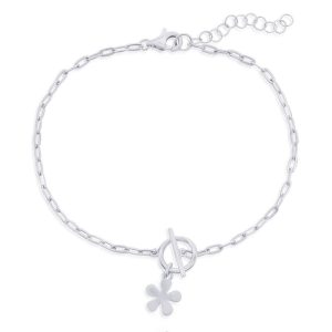Sterling Silver Flower Charm Paperclip Toggle Bracelet
