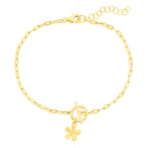 Sterling Silver Flower Charm Paperclip Toggle Bracelet - Gold Plated