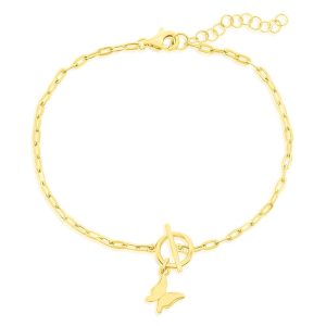 Sterling Silver Butterfly Charm Paperclip Toggle Bracelet - Gold Plated