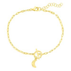 Sterling Silver Crescent Moon Charm Paperclip Toggle Bracelet - Gold Plated