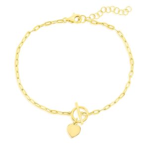 Sterling Silver Heart Charm Paperclip Toggle Bracelet - Gold Plated