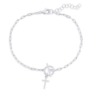Sterling Silver Cross Charm Paperclip Toggle Bracelet