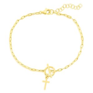 Sterling Silver Cross Charm Paperclip Toggle Bracelet - Gold Plated