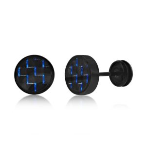 Stainless Steel 10mm Blue Carbon Fiber Stud Earrings - Black Plated
