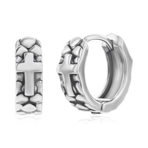 Stainless Steel Pebbled Cross Huggie Hoop Earrings