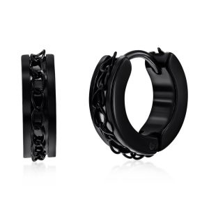Stainless Steel Link Design Huggie Hoop Earrings - Black Plated