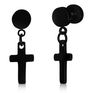Stainless Steel Cross Charm Earrings - Black Plated