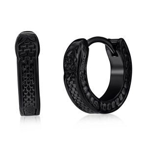 Stainless Steel Textured Huggie Earrings - Black Plated