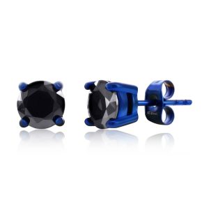 Stainless Steel, 7mm Round Black CZ Studs - Blue Plated