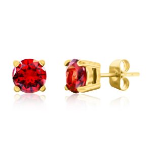 Stainless Steel, 7mm Round Red CZ Studs - Gold Plated