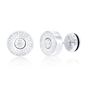 Stainless Steel, 10mm Round Greek Key CZ Studs