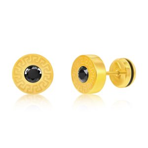 Stainless Steel, 10mm Round Greek Key CZ Studs - Gold Plated