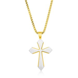 Stainless Steel Brushed Cross Necklace - Gold Plated