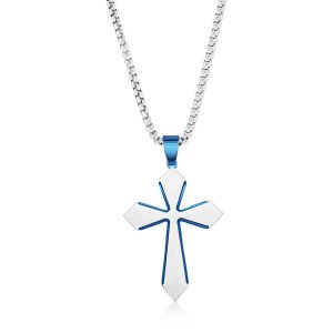 Stainless Steel Brushed Cross Necklace - Blue Plated