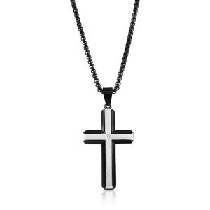 Stainless Steel Sand Blasted, Single CZ Cross Necklace - Black Plated
