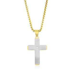 Stainless Steel Silver & Gold Single CZ Cross Necklace