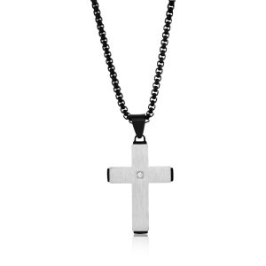 Stainless Steel Black & Silver Single CZ Cross Necklace