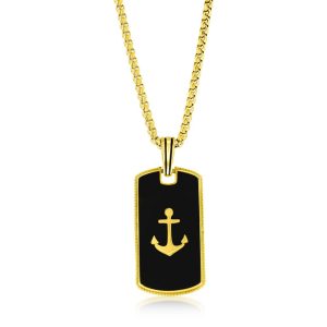 Stainless Steel, Anchor Dog Tag Necklace - Black & Gold