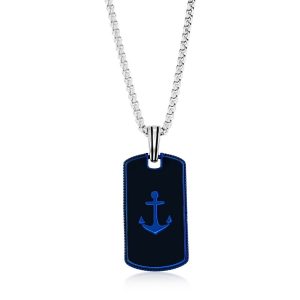 Stainless Steel, Anchor Dog Tag Necklace - Black & Blue