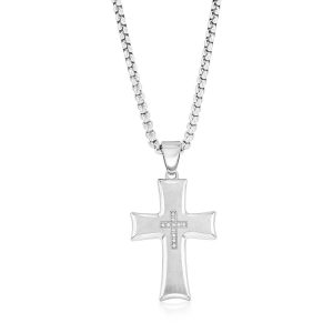 Stainless Steel Brushed & Polished CZ Cross Necklace
