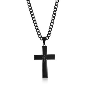 Stainless Steel Polished CZ Cross Necklace - Black Plated