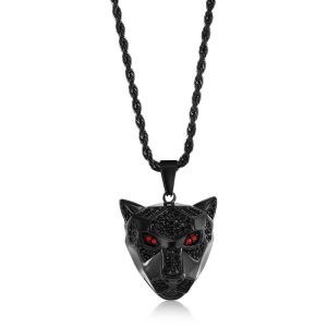 Stainless Steel Panther w/Ruby CZ Eyes Necklace - Black Plated