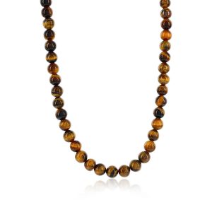 Stainless Stee,l 8mm Bead Necklace - Tiger Eye